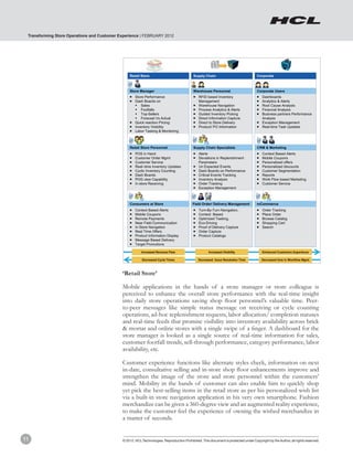 Transforming Store Operations and Customer Experience | FEBRUARY 2012




                                             ‘Retail Store’

                                             Mobile applications in the hands of a store manager or store colleague is
                                             perceived to enhance the overall store performance with the real-time insight
                                             into daily store operations saving shop floor personnel’s valuable time. Peer-
                                             to-peer messages like simple status message on receiving or cycle counting
                                             operations, ad-hoc replenishment requests, labor allocation/ completion statuses
                                             and real-time feeds that promise visibility into inventory availability across brick
                                             & mortar and online stores with a single swipe of a finger. A dashboard for the
                                             store manager is looked as a single source of real-time information for sales,
                                             customer footfall trends, sell-through performance, category performance, labor
                                             availability, etc.

                                             Customer experience functions like alternate styles check, information on next
                                             in-date, consultative selling and in-store shop floor enhancements improve and
                                             strengthen the image of the store and store personnel within the customers’
                                             mind. Mobility in the hands of customer can also enable him to quickly shop
                                             yet pick the best-selling items in the retail store as per his personalized wish list
                                             via a built-in store navigation application in his very own smartphone. Fashion
                                             merchandize can be given a 360-degree view and an augmented reality experience,
                                             to make the customer feel the experience of owning the wished merchandize in
                                             a matter of seconds.


11                                           © 2012, HCL Technologies. Reproduction Prohibited. This document is protected under Copyright by the Author, all rights reserved.
 