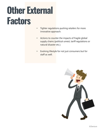• Tighter regulations pushing retailers for more
innovative approach.
• Actions to counter the impacts of fragile global
supply chains (political unrest, tariff regulations or
natural disaster etc.).
• Evolving lifestyle for not just consumers but for
staff as well.
Other External
Factors
©Denave
 