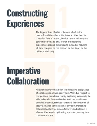 The biggest leap of retail – the one which is the
reason for all the other shifts, is none other than its
transition from a product/service centric industry to a
consumer-focussed one. Brands are designing
experiences around the products instead of focusing
all their energies on the product or the stores or the
online portals only.
Constructing
Experiences 1
2Another big move has been the increasing acceptance
of collaboration-driven ecosystem. With due respect to
competition, brands are readily exploring avenues to be
able to benefit from each other with the provision of
bundled products/services – after all, the consumer of
today demands convenience at any cost. Increasing
collaboration between manufacturers and retailers is
also another leap in optimising a product journey to a
consumer’s home.
Imperative
Collaboration
©Denave
 