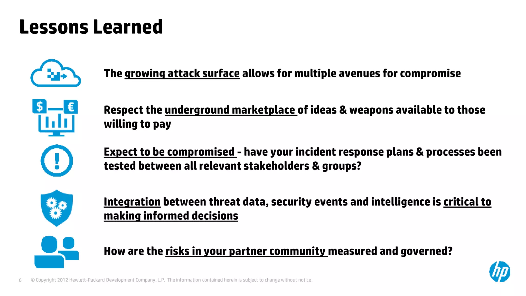 © Copyright 2012 Hewlett-Packard Development Company, L.P. The information contained herein is subject to change without notice.6
Lessons Learned
The growing attack surface allows for multiple avenues for compromise
Respect the underground marketplace of ideas & weapons available to those
willing to pay
Expect to be compromised - have your incident response plans & processes been
tested between all relevant stakeholders & groups?
Integration between threat data, security events and intelligence is critical to
making informed decisions
How are the risks in your partner community measured and governed?
 