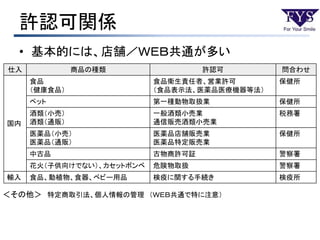 許認可関係
• 基本的には、店舗／ＷＥＢ共通が多い
仕入 商品の種類 許認可 問合わせ
国内
食品
（健康食品）
食品衛生責任者、営業許可
（食品表示法、医薬品医療機器等法）
保健所
ペット 第一種動物取扱業 保健所
酒類（小売）
酒類（通販）
一般酒類小売業
通信販売酒類小売業
税務署
医薬品（小売）
医薬品（通販）
医薬品店舗販売業
医薬品特定販売業
保健所
中古品 古物商許可証 警察署
花火（子供向けでない）、カセットボンベ 危険物取扱 警察署
輸入 食品、動植物、食器、ベビー用品 検疫に関する手続き 検疫所
＜その他＞ 特定商取引法、個人情報の管理 （ＷＥＢ共通で特に注意）
 
