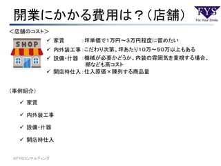 開業にかかる費用は？（店舗）
©ＦＹＳコンサルティング
＜店舗のコスト＞
 家賃
（事例紹介）
：坪単価で１万円～３万円程度に留めたい
：こだわり次第。坪あたり１０万～５０万以上もある
：機械が必要かどうか。内装の雰囲気を重視する場合、
棚なども高コスト
：仕入原価×陳列する商品量
 内外装工事
 設備・什器
 開店時仕入
 家賃
 内外装工事
 設備・什器
 開店時仕入
 