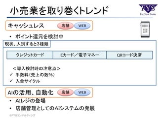 小売業を取り巻くトレンド
©ＦＹＳコンサルティング
• ポイント還元を検討中
＜導入検討時の注意点＞
 手数料（売上の数％）
 入金サイクル
• ＡＩレジの登場
• 店舗管理としてのＡＩシステムの発展
キャッシュレス
AIの活用、自動化
現状、大別すると３種類
店舗 WEB
店舗 WEB
クレジットカード ICカード／電子マネー QRコード決済
 