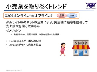 小売業を取り巻くトレンド
©ＦＹＳコンサルティング
Webサイト等のネットの活動により、実店舗に顧客を誘導して
売上拡大を図る取り組み
＜メリット＞
– 集客はネット、購買は店舗、の強みを活かした連携
• Line@によるクーポンの配信
• Amazonがリアル店舗を拡大
O2O（オンライン to オフライン） 店舗 WEB
 