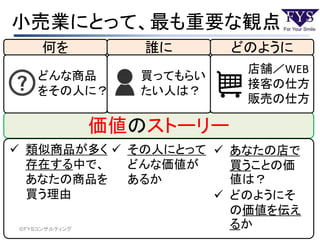 小売業にとって、最も重要な観点
©ＦＹＳコンサルティング
価値のストーリー
 その人にとって
どんな価値が
あるか
 類似商品が多く
存在する中で、
あなたの商品を
買う理由
 あなたの店で
買うことの価
値は？
 どのようにそ
の価値を伝え
るか
何を 誰に どのように
どんな商品
をその人に？
買ってもらい
たい人は？
店舗／WEB
接客の仕方
販売の仕方
 