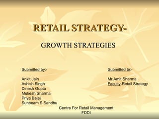 RETAIL STRATEGY- GROWTH STRATEGIES Submitted by :- Ankit Jain Ashish Singh Dinesh Gupta Mukesh Sharma Priya Bajaj Sunbeam S Sandhu Submitted to :- Mr.Amit Sharma Faculty -Retail Strategy Centre For Retail Management FDDI 