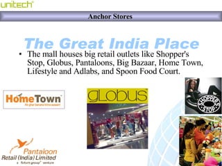 <ul><li>The mall houses big retail outlets like Shopper's Stop, Globus, Pantaloons, Big Bazaar, Home Town, Lifestyle and A...