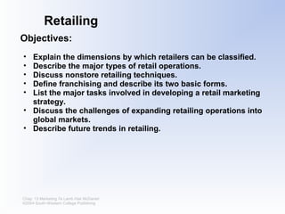 Retailing
Objectives:
•
•
•
•
•

Explain the dimensions by which retailers can be classified.
Describe the major types of retail operations.
Discuss nonstore retailing techniques.
Define franchising and describe its two basic forms.
List the major tasks involved in developing a retail marketing
strategy.
• Discuss the challenges of expanding retailing operations into
global markets.
• Describe future trends in retailing.

Chap. 13 Marketing 7e Lamb Hair McDaniel
©2004 South-Western College Publishing

 