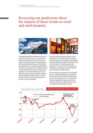 18 • Jones Lang LaSalle Retail 2010
      Reviewing our predictions about the impacts of these trends on retail and retail property




 Reviewing our predictions about
 the impacts of these trends on retail
 and retail property




 The decade started with the aftermath of the dot.com                         But as this period of unrestrained growth came to
 bubble and a mini recession. Low interest rates                              a spectacular end, the world tumbled into a sharp
 fuelled another bubble, this time in housing and                             economic downturn which has again caused changes
 shares. Once again this burst, most spectacularly in                         in shopping patterns and reset the bar for performance
 2008 heralding the Great Recession at the tail end of                        in the retail market. The lasting impacts of the
 the decade. All told, the overarching sustained pace of                      recession on the consumer and the implications for
 world growth, the rapid growth in complexity and depth                       retail property are amongst the themes explored in
 of credit markets and the progressive loosening of                           our forthcoming Retail 2020 research.
 regulation, not to mention the long period of low,
                                                                              The ten social and consumer trends we reviewed in
 stable interest rates meant that consumer confidence
                                                                              section 1 provided the backdrop to an appraisal of
 grew strongly between 2003 and 2007. The result –
                                                                              the challenges we felt the retail industry would face
 the retail industry could expand rapidly without
                                                                              over the next ten years to 2010. In our Retail 2010
 having to innovate significantly.
                                                                              Report, we highlighted the opportunities for both
                                                                              occupiers and owners and here we revisit some of
                                                                              our predictions and assess their accuracy.


              Source: European Commission, Jones Lang LaSalle              Global Events impacting European Consumer Confidence


     10
                                                        EU Consumer Confidence Index                    COLLAPSE OF GLOBAL
                                                                                                        HOUSING BUBBLE,
                                                        Long Term Average                               LIQUIDITY SHORTFALL
         0
                                       9/11 TERRORIST
                   DOT.COM             ATTACKS
                   BUBBLE
                   BURST
 -10
                                                                                                                          LEHMAN
                                                                                                                          BROTHERS
                                                                                                                          COLLAPSE

 -20


 -30


              00                           02                         04                        06                   08                       10
         20                           20                         20                        20                   20                       20
     N                            N                          N                         N                    N                        N
JA                           JA                         JA                        JA                   JA                       JA
 