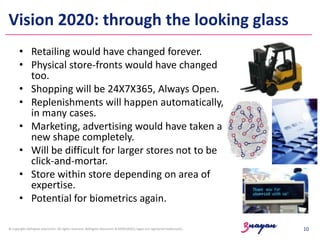 Vision 2020: through the looking glass
• Retailing would have changed forever.
• Physical store-fronts would have changed
too.
• Shopping will be 24X7X365, Always Open.
• Replenishments will happen automatically,
in many cases.
• Marketing, advertising would have taken a
new shape completely.
• Will be difficult for larger stores not to be
click-and-mortar.
• Store within store depending on area of
expertise.
• Potential for biometrics again.
© copyright delhigate educomm. All rights reserved. delhigate educomm & KOOLSKOOL logos are registered trademarks.

10

 