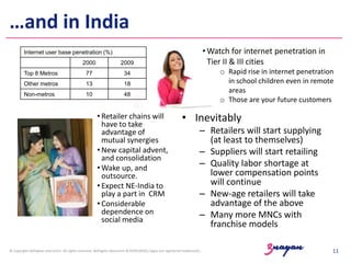 …and in India
• Watch for internet penetration in
Tier II & III cities

Internet user base penetration (%)
2000

2009

Top 8 Metros

77

34

Other metros

13

18

Non-metros

10

48

• Retailer chains will
have to take
advantage of
mutual synergies
• New capital advent,
and consolidation
• Wake up, and
outsource.
• Expect NE-India to
play a part in CRM
• Considerable
dependence on
social media

o Rapid rise in internet penetration
in school children even in remote
areas
o Those are your future customers

• Inevitably
– Retailers will start supplying
(at least to themselves)
– Suppliers will start retailing
– Quality labor shortage at
lower compensation points
will continue
– New-age retailers will take
advantage of the above
– Many more MNCs with
franchise models

© copyright delhigate educomm. All rights reserved. delhigate educomm & KOOLSKOOL logos are registered trademarks.

11

 