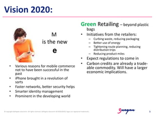 Vision 2020:
Green Retailing – beyond plastic
M
is the new

e
•
•
•
•
•

Various reasons for mobile commerce
not to have been successful in the
past
iPhone brought in a revolution of
sorts
Faster networks, better security helps
Smarter identity management
Prominent in the developing world

bags
• Initiatives from the retailers:

– Curbing waste, reducing packaging
– Better use of energy
– Tightening route planning, reducing
distribution trips
– Reducing product miles

• Expect regulations to come in
• Carbon credits are already a tradeable commodity. Will have a larger
economic implications.

© copyright delhigate educomm. All rights reserved. delhigate educomm & KOOLSKOOL logos are registered trademarks.

9

 