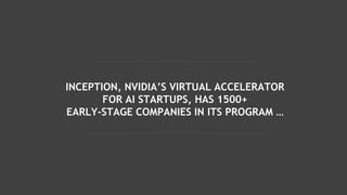 INCEPTION, NVIDIA’S VIRTUAL ACCELERATOR
FOR AI STARTUPS, HAS 1500+
EARLY-STAGE COMPANIES IN ITS PROGRAM …
 