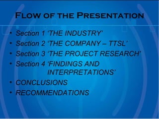 Flow of the Presentation Section 1 ‘THE INDUSTRY’ Section 2 ‘THE COMPANY – TTSL’   Section 3 ‘THE PROJECT RESEARCH’ Section 4 ‘FINDINGS AND    INTERPRETATIONS’ CONCLUSIONS RECOMMENDATIONS 