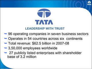 LEADERSHIP WITH TRUST    96 operating companies in seven business sectors    Operates in 54 countries across six  continents    Total revenue: $62.5 billion in 2007-08    3,50,000 employees worldwide    27 publicly listed enterprises with shareholder  base of 3.2 million 