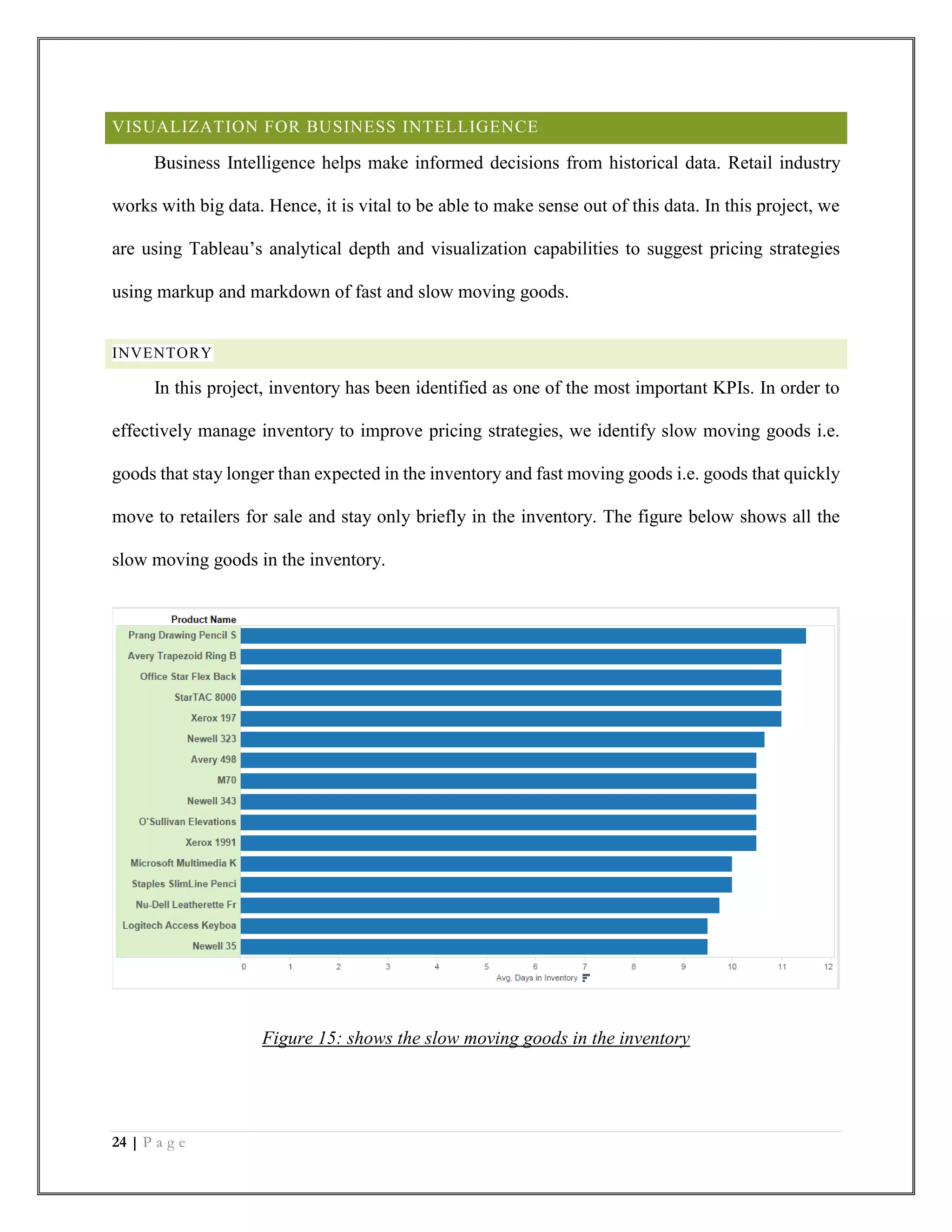 24 | P a g e
VISUALIZATION FOR BUSINESS INTELLIGENCE
Business Intelligence helps make informed decisions from historical data. Retail industry
works with big data. Hence, it is vital to be able to make sense out of this data. In this project, we
are using Tableau’s analytical depth and visualization capabilities to suggest pricing strategies
using markup and markdown of fast and slow moving goods.
INVENTORY
In this project, inventory has been identified as one of the most important KPIs. In order to
effectively manage inventory to improve pricing strategies, we identify slow moving goods i.e.
goods that stay longer than expected in the inventory and fast moving goods i.e. goods that quickly
move to retailers for sale and stay only briefly in the inventory. The figure below shows all the
slow moving goods in the inventory.
Figure 15: shows the slow moving goods in the inventory
 