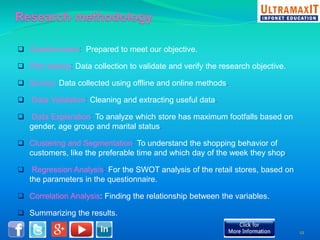  Questionnaire: Prepared to meet our objective. 
 Pilot testing: Data collection to validate and verify the research objective. 
 Survey: Data collected using offline and online methods. 
 Data Validation: Cleaning and extracting useful data. 
 Data Exploration: To analyze which store has maximum footfalls based on 
gender, age group and marital status. 
 Clustering and Segmentation: To understand the shopping behavior of 
customers, like the preferable time and which day of the week they shop. 
 Regression Analysis: For the SWOT analysis of the retail stores, based on 
the parameters in the questionnaire. 
 Correlation Analysis: Finding the relationship between the variables. 
 Summarizing the results. 
12 
 