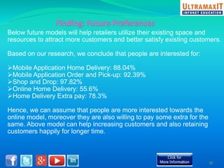 Below future models will help retailers utilize their existing space and 
resources to attract more customers and better satisfy existing customers. 
Based on our research, we conclude that people are interested for: 
Mobile Application Home Delivery: 88.04% 
Mobile Application Order and Pick-up: 92.39% 
Shop and Drop: 97.82% 
Online Home Delivery: 55.6% 
Home Delivery Extra pay: 78.3% 
Hence, we can assume that people are more interested towards the 
online model, moreover they are also willing to pay some extra for the 
same. Above model can help increasing customers and also retaining 
customers happily for longer time. 
27 
 