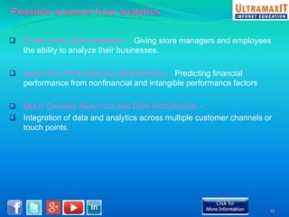  STORE LEVEL EMPOWERMENT - Giving store managers and employees 
the ability to analyze their businesses. 
 ANALYTICAL PERFORMANCE MANAGEMENT - Predicting financial 
performance from nonfinancial and intangible performance factors 
 MULTI CHANNEL ANALYTICS AND DATA INTEGRATION - 
 Integration of data and analytics across multiple customer channels or 
touch points. 
33 
 