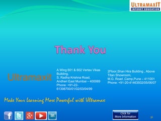 Ultramaxit 
A Wing 601 & 602 Vertex Vikas 
Building, 
S. Radha Krishna Road, 
Andheri East Mumbai – 400069 
Phone: +91-22- 
61398700/01/02/03/04/99 
Make Your Learning More Powerful with Ultramax 
2Floor,Shan Hira Building , Above 
Titan Showroom, 
M.G. Road ,Camp,Pune – 411001 
Phone: +91-20-41463502/05/06/07 
36 
