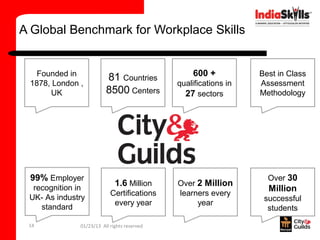 A Global Benchmark for Workplace Skills


  Founded in                                     600 +           Best in Class
                         81 Countries
 1878, London ,                              qualifications in   Assessment
      UK                 8500 Centers          27 sectors        Methodology




 99% Employer                                                      Over 30
                             1.6 Million     Over 2 Million
  recognition in                                                   Million
                           Certifications    learners every
 UK- As industry                                                  successful
                            every year            year
    standard                                                       students

 14           01/23/13 All rights reserved
 