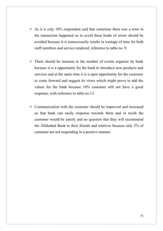 As it is only 10% respondent said that sometime there was a error in
the transaction happened so to avoid these kinds of errors should be
avoided because it is unnecessarily results in wastage of time for both
staff members and service rendered, reference to table no. 9.

There should be increase in the number of events organize by bank
because it is a opportunity for the bank to introduce new products and
services and at the same time it is a open opportunity for the customer
to come forward and suggest its views which might prove to add the
values for the bank because 10% customer still not have a good
response, with reference to table no.13.

Communication with the customer should be improved and increased
so that bank can easily response towards them and in result the
customer would be satisfy and no question that they will recommend
the Allahabad Bank to their friends and relatives because only 2% of
customer are not responding in a positive manner.

71

 