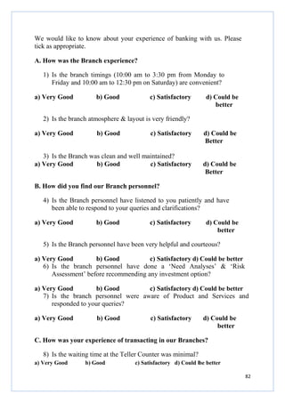 We would like to know about your experience of banking with us. Please
tick as appropriate.
A. How was the Branch experience?
1) Is the branch timings (10:00 am to 3:30 pm from Monday to
Friday and 10:00 am to 12:30 pm on Saturday) are convenient?
a) Very Good

b) Good

c) Satisfactory

d) Could be
better

2) Is the branch atmosphere & layout is very friendly?
a) Very Good

b) Good

c) Satisfactory

3) Is the Branch was clean and well maintained?
a) Very Good
b) Good
c) Satisfactory

d) Could be
Better

d) Could be
Better

B. How did you find our Branch personnel?
4) Is the Branch personnel have listened to you patiently and have
been able to respond to your queries and clarifications?
a) Very Good

b) Good

c) Satisfactory

d) Could be
better

5) Is the Branch personnel have been very helpful and courteous?
a) Very Good
b) Good
c) Satisfactory d) Could be better
6) Is the branch personnel have done a ‘Need Analyses’ & ‘Risk
Assessment’ before recommending any investment option?
a) Very Good
b) Good
c) Satisfactory d) Could be better
7) Is the branch personnel were aware of Product and Services and
responded to your queries?
a) Very Good

b) Good

c) Satisfactory

d) Could be
better

C. How was your experience of transacting in our Branches?
8) Is the waiting time at the Teller Counter was minimal?
a) Very Good

b) Good

c) Satisfactory d) Could be better
be
82

 