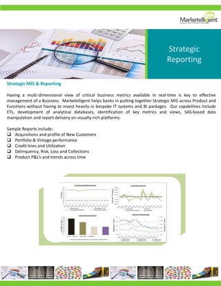 Strategic
Reporting
Strategic MIS & Reporting
Having a multi-dimensional view of critical business metrics available in real-time is key to effective
management of a Business. Marketelligent helps banks in putting together Strategic MIS across Product and
Functions without having to invest heavily in bespoke IT systems and BI packages. Our capabilities include
ETL, development of analytical databases, identification of key metrics and views, SAS-based data
manipulation and report delivery on visually-rich platforms.
Sample Reports include:
 Acquisitions and profile of New Customers
 Portfolio & Vintage performance
 Credit lines and Utilization
 Delinquency, Risk, Loss and Collections
 Product P&L’s and trends across time
 