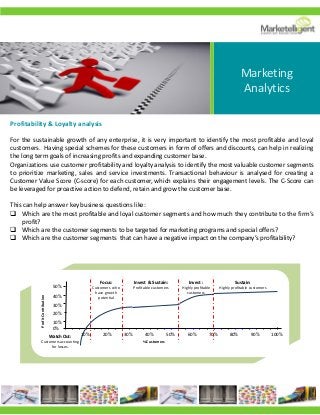 Marketing
Analytics
Profitability & Loyalty analysis
For the sustainable growth of any enterprise, it is very important to identify the most profitable and loyal
customers. Having special schemes for these customers in form of offers and discounts, can help in realizing
the long term goals of increasing profits and expanding customer base.
Organizations use customer profitability and loyalty analysis to identify the most valuable customer segments
to prioritize marketing, sales and service investments. Transactional behaviour is analysed for creating a
Customer Value Score (C-score) for each customer, which explains their engagement levels. The C-Score can
be leveraged for proactive action to defend, retain and grow the customer base.
This can help answer key business questions like:
 Which are the most profitable and loyal customer segments and how much they contribute to the firm’s
profit?
 Which are the customer segments to be targeted for marketing programs and special offers?
 Which are the customer segments that can have a negative impact on the company’s profitability?
0%
10%
20%
30%
50%
ProfitContribution
10% 20% 30% 40% 50% 60% 70% 80% 90% 100%Watch Out:
Customers accounting
for losses.
Focus:
Customers who
have growth
potential
Sustain:
Highly profitable customers
Invest & Sustain:
Profitable customers
%Customers
Invest :
Highly profitable
customers
40%
 