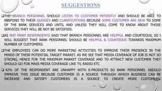 SUGGESTIONS 
THEBRANCHPERSONNELSHOULDLISTENTOCUSTOMERPATIENTLYANDSHOULDBEABLETORESPONDTOTHEIRQUERIESANDCLARIFICATIONSBECAUSESOMECUSTOMERARENEWTOSOMEOFTHEBANKSERVICESANDUNTILANDUNLESSTHEYWILLCOMETOKNOWABOUTTHOSESERVICESTHEYWILLBENOTBESATISFIED. 
ASNOTMANYRESPONDENTSSAIDTHATBRANCHPERSONNELAREHELPFULANDCOURTEOUS,SOIWILLSUGGESTTHATBANKPERSONNELSHOULDBEHELPFUL&COURTEOUSTOWARDSMAXIMUMNUMBEROFCUSTOMERS. 
THEEMPLOYEESCANDOMOREMARKETINGACTIVITIESTOIMPROVETHEIRPRESENCEINTHEMINDSOFTHEIRPOTENTIALTARGETMARKET.ASWESEETHATMEDIACOVERAGEOFIOBISNOTSOSTRONG,HENCEFORTHEMAXIMUMMARKETCOVERAGEANDTOATTRACTNEWCUSTOMERTHEYSHOULDGOFORMASSMEDIACOVERAGELIKETV,RADIOETC 
42%OFTHERESPONDENTAREUNHAPPYWITHE-PRODUCTSSOBANKPERSONNELSHOULDIMPROVETHISISSUEBECAUSECUSTOMERISASOURCETHROUGHWHICHBUSINESSCANBEINCREASEANDSATISFYCUSTOMERSISASOURCETOCREATEMORECUSTOMERS.  