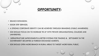 OPPORTUNITY: 
•BRANCH EXPANSION. 
•DOOR STEP SERVICES. 
•A STRONG CORPORATE IDENTITY CAN BE ACHIEVED THROUGH BRANDING (PUBLIC AWARENESS) 
•IOB SHOULD FOCUS ON TO INCREASE TIE UP WITH PRIVATE ORGANISATIONS, COLLEGES AND UNIVERSITIES. 
•INFRASTRUCTURE IMPROVEMENTS & BETTER SYSTEMS FOR TRADING & SETTLEMENT IN THE GOVERNMENT SECURITIES & FOREIGN EXCHANGE MARKETS. 
•IOB SHOULD OPEN MORE BRANCH IN RURAL AREAS TO TARGET MORE RURAL PUBLIC.  