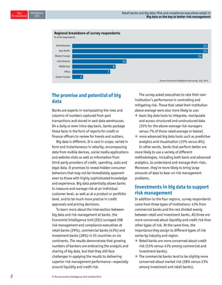 2 © The Economist Intelligence Unit Limited 2014 
Retail banks and big data: Risk and compliance executives weigh in 
Big data as the key to better risk management 
The promise and potential of big 
data 
Banks are experts in manipulating the rows and 
columns of numbers captured from past 
transactions and stored in vast data warehouses. 
On a daily or even intra-day basis, banks package 
these facts in the form of reports for credit or 
finance officers to review for trends and outliers. 
Big data is different. It is vast in scope, varied in 
form and instantaneous in velocity, encompassing 
data from mobile devices, social media applications 
and website visits as well as information from 
third-party providers of credit, spending, auto and 
legal data. It promises to reveal hidden consumer 
behaviors that may not be immediately apparent 
even to those with highly sophisticated knowledge 
and experience. Big data potentially allows banks 
to measure and manage risk at an individual 
customer level, as well as at a product or portfolio 
level, and to be much more precise in credit 
approvals and pricing decisions. 
To learn more about the intersection between 
big data and risk management at banks, the 
Economist Intelligence Unit (EIU) surveyed 208 
risk management and compliance executives at 
retail banks (29%), commercial banks (43%) and 
investment banks (28%) in 55 countries on six 
continents. The results demonstrate that growing 
numbers of bankers are embracing the analysis and 
sharing of big data, but that they still face 
challenges in applying the results to delivering 
superior risk management performance—especially 
around liquidity and credit risk. 
The survey asked executives to rate their own 
institution’s performance in controlling and 
mitigating risk. Those that rated their institution 
above average were also more likely to use: 
l basic big data tools to integrate, manipulate 
and access structured and unstructured data 
(35% for the above-average risk managers 
versus 7% of those rated average or below) 
l more advanced big data tools such as predictive 
analytics and visualisation (33% versus 8%). 
In other words, banks that perform better are 
more likely to use a variety of different 
methodologies, including both basic and advanced 
analytics, to understand and manage their risks. 
Moreover, they’re more likely to bring large 
amounts of data to bear on risk management 
problems. 
Investments in big data to support 
risk management 
In addition to the four regions, survey respondents 
came from three types of institutions: 43% from 
commercial banks and the rest divided evenly 
between retail and investment banks. All three are 
more concerned about liquidity and credit risk than 
other types of risk. At the same time, the 
importance they assign to different types of risk 
varies by industry and region. 
l Retail banks are more concerned about credit 
risk (53% versus 43% among commercial and 
investment banks). 
l The commercial banks tend to be slightly more 
concerned about market risk (28% versus 23% 
among investment and retail banks). 
Regional breakdown of survey respondents 
% of all respondents 
North America 
Asia-Pacific 
Western Europe 
Latin America 
Middle East 
Africa 
Eastern Europe 
Source: Economist Intelligence Unit survey, July, 2014. 
25 
25 
24 
10 
8 
7 
2 
 
