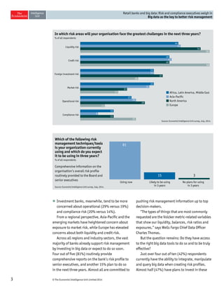 3 © The Economist Intelligence Unit Limited 2014 
Retail banks and big data: Risk and compliance executives weigh in 
Big data as the key to better risk management 
l Investment banks, meanwhile, tend to be more 
concerned about operational (29% versus 19%) 
and compliance risk (20% versus 14%). 
From a regional perspective, Asia-Pacific and the 
emerging markets have heightened concern about 
exposure to market risk, while Europe has elevated 
concerns about both liquidity and credit risk. 
Across all regions and industry sectors, the vast 
majority of banks already support risk management 
by investing in big data or expect to do so soon. 
Four out of five (81%) routinely provide 
comprehensive reports on the bank’s risk profile to 
senior executives, and another 15% plan to do so 
in the next three years. Almost all are committed to 
pushing risk management information up to top 
decision-makers. 
“The types of things that are most commonly 
requested are the Volcker metric-related variables 
that show our liquidity, balances, risk ratios and 
exposures,” says Wells Fargo Chief Data Officer 
Charles Thomas. 
But the question remains: Do they have access 
to the right big data tools to do so and to be truly 
effective? 
Just over four out of ten (42%) respondents 
currently have the ability to integrate, manipulate 
and query big data when creating risk profiles. 
Almost half (47%) have plans to invest in these 
Africa, Latin America, Middle East 
Asia-Pacific 
North America 
Europe 
In which risk areas will your organisation face the greatest challenges in the next three years? 
% of all respondents 
Liquidity risk 
Credit risk 
Foreign investment risk 
Market risk 
Operational risk 
Compliance risk 
Source: Economist Intelligence Unit survey, July, 2014. 
44 
45 
54 
58 
40 
41 
40 
58 
33 
33 
37 
26 
33 
31 
21 
17 
23 
25 
29 
11 
15 
8 
15 
25 
Source: Economist Intelligence Unit survey, July, 2014. 
Which of the following risk 
management techniques/tools 
is your organization currently 
using and which do you expect 
it to be using in three years? 
% of all respondents 
Comprehensive information on the 
organisation’s overall risk profile 
routinely provided to the Board and 
senior executives 
Using now Likely to be using 
in 3 years 
No plans for using 
in 3 years 
81 
15 3 
 