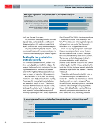 4 © The Economist Intelligence Unit Limited 2014 
Retail banks and big data: Risk and compliance executives weigh in 
Big data as the key to better risk management 
tools over the next three years. 
The proportions are slightly lower for advanced 
big data tools, such as predictive analytics and 
data visualisation: 41% use them now and 44% 
expect to obtain them during the next three years. 
Still, an overwhelming majority of banks—retail, 
commercial, investment, from every continent—is 
committed to and leveraging the power of big data. 
Tackling the two greatest risks: 
credit and liquidity 
The bankers surveyed believe that, over the next 
three years, liquidity and credit risk will pose the 
greatest challenges for their institutions. They also 
say these two areas of risk reflect the greatest 
potential for big data and its associated tools to 
make an impact on improving risk management. 
Why the intense focus on credit and liquidity 
risk? Banks are in the business of selling liquidity. 
Pursuing profits necessarily thins capitalization 
and leaves little margin for error. “The common 
feature of the financial services industry—banks, 
brokerage firms, hedge funds—is that there is a 
small amount of equity and a large amount of 
financing supporting the firm’s assets,” says Robert 
Chersi, former CFO of Fidelity Investments and now 
a professor of finance at Pace University in New 
York. “Financial services firms rely on other people 
to finance them, and most of that financing is 
short-term. It can disappear in an instant.” 
Credit and liquidity risk represent two faces of 
the same phenomenon. Banks borrow via short-term 
instruments in order to finance the longer-term 
instruments that they sell to their customers. 
That leverage can be lost quickly as funding is 
withdrawn. At best the bank is left without 
products to sell; at worst, as occurred with Lehman 
and Barings, the liquidity whipsaw can destroy the 
bank—but this kind of disaster scenario is typically 
preceded by expectations that the bank’s creditors 
will default. 
The problem with forecasting liquidity crises to 
date is that liquidity risk has been difficult to 
model. “It’s a risk that only materialises in extreme 
situations and is very much a binary risk,” says 
Michael O’Connell, a managing director at Aon Risk 
Solutions. But according to survey respondents, 
the use of big data offers the promise of linking 
seemingly unconnected external events in real 
time—events that could presumably precede a 
What is your organisation using nowand what do you expect in three years? 
% of all respondents 
Comprehensive data on the organisation’s risk profile 
routinely provided to the board and senior executives 
Basic big data tools to integrate, manipulate and 
access structured and unstructured data 
Advanced big data tools such as predictive 
analytics and data visualization 
Source: Economist Intelligence Unit survey, July, 2014. 
Now In 3 years 
81 15 
42 47 
41 44 
In which risk areas will your organisation face the greatest challenges in the next three years? 
% of all respondents 
Liquidity risk 
Credit risk 
Foreign investment risk 
Market risk 
Operational risk 
Compliance risk 
Source: Economist Intelligence Unit survey, July, 2014. 
50 
45 
32 
25 
22 
16 
 