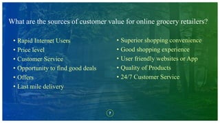 7
What are the sources of customer value for online grocery retailers?
• Superior shopping convenience
• Good shopping experience
• User friendly websites or App
• Quality of Products
• 24/7 Customer Service
• Rapid Internet Users
• Price level
• Customer Service
• Opportunity to find good deals
• Offers
• Last mile delivery
 
