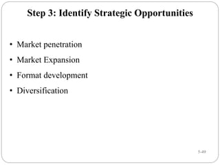 5-49
Step 3: Identify Strategic Opportunities
• Market penetration
• Market Expansion
• Format development
• Diversification
 