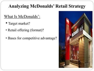 5-5
Analyzing McDonalds’ Retail Strategy
What Is McDonalds’:
• Target market?
• Retail offering (format)?
• Bases for competitive advantage?
 