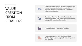 VALUE
CREATION
FROM
RETAILERS
Provide an assortment of products and services –
enables customers to choose from a wide
selection of brands, designs, sizes, colors and
prices in one location.
Breaking bulk – provides cost efficiencies for
manufacturers and also gives the consumers more
manageable quantities they prefer.
Holding inventory - storage of products
Providing services – such as credit options,
display of products, salespeople to manage stores
and websites
 