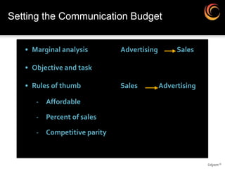 Setting the Communication Budget


   • Marginal analysis       Advertising        Sales

   • Objective and task

   • Rules of thumb          Sales         Advertising

      - Affordable

      - Percent of sales

      - Competitive parity



                                                         Udyam ©
 