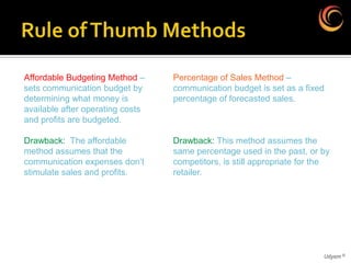 Affordable Budgeting Method –     Percentage of Sales Method –
sets communication budget by      communication budget is set as a fixed
determining what money is         percentage of forecasted sales.
available after operating costs
and profits are budgeted.

Drawback: The affordable          Drawback: This method assumes the
method assumes that the           same percentage used in the past, or by
communication expenses don’t      competitors, is still appropriate for the
stimulate sales and profits.      retailer.




                                                                         Udyam ©
 