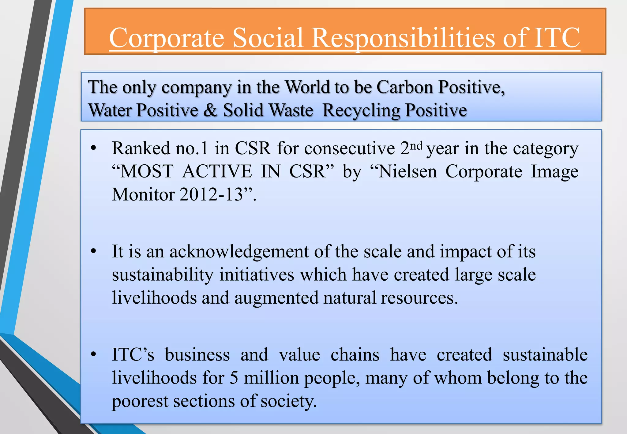Corporate Social Responsibilities of ITC
The only company in the World to be Carbon Positive,
Water Positive & Solid Waste Recycling Positive
• Ranked no.1 in CSR for consecutive 2nd year in the category
“MOST ACTIVE IN CSR” by “Nielsen Corporate Image
Monitor 2012-13”.
• It is an acknowledgement of the scale and impact of its
sustainability initiatives which have created large scale
livelihoods and augmented natural resources.
• ITC’s business and value chains have created sustainable
livelihoods for 5 million people, many of whom belong to the
poorest sections of society.
 