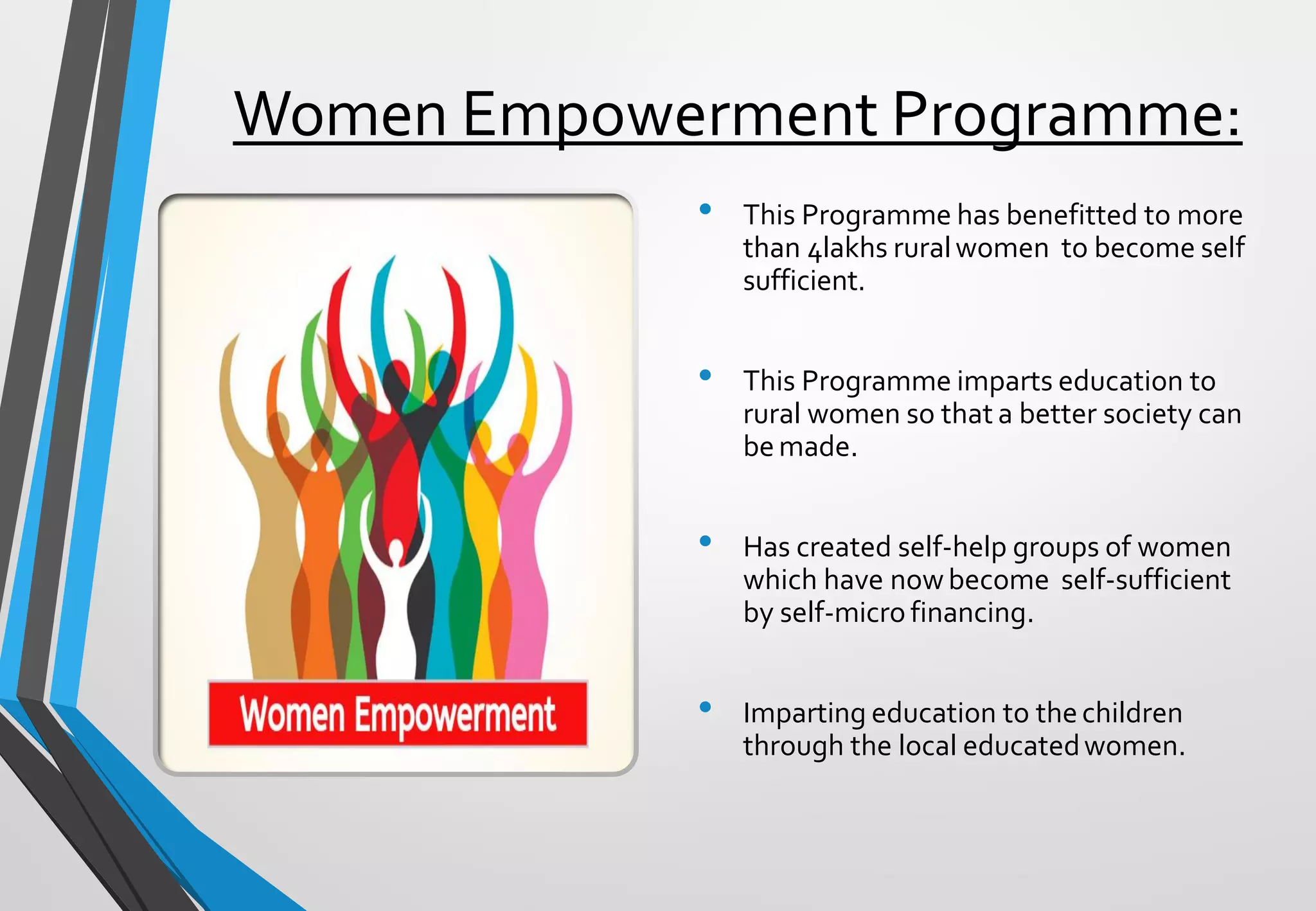 Women Empowerment Programme:
• This Programme has benefitted to more
than 4lakhs ruralwomen to become self
sufficient.
• This Programme imparts education to
rural women so that a better society can
bemade.
• Has created self-help groups of women
which have nowbecome self-sufficient
by self-micro financing.
• Imparting education to thechildren
through the local educatedwomen.
 