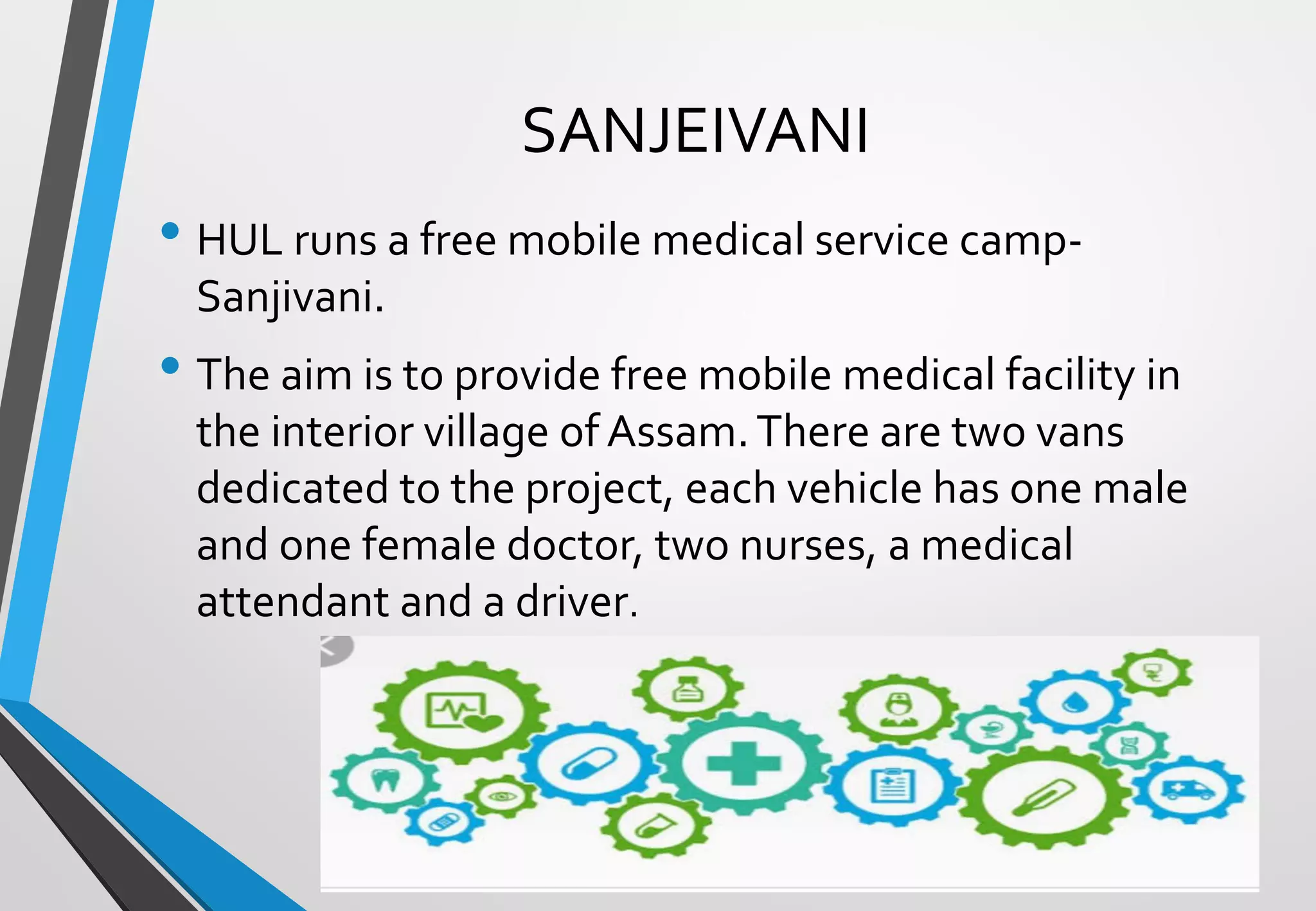 • HUL runs a free mobile medical service camp-
Sanjivani.
• The aim is to provide free mobile medical facility in
the interior village of Assam.There are two vans
dedicated to the project, each vehicle has one male
and one female doctor, two nurses, a medical
attendant and a driver.
SANJEIVANI
 