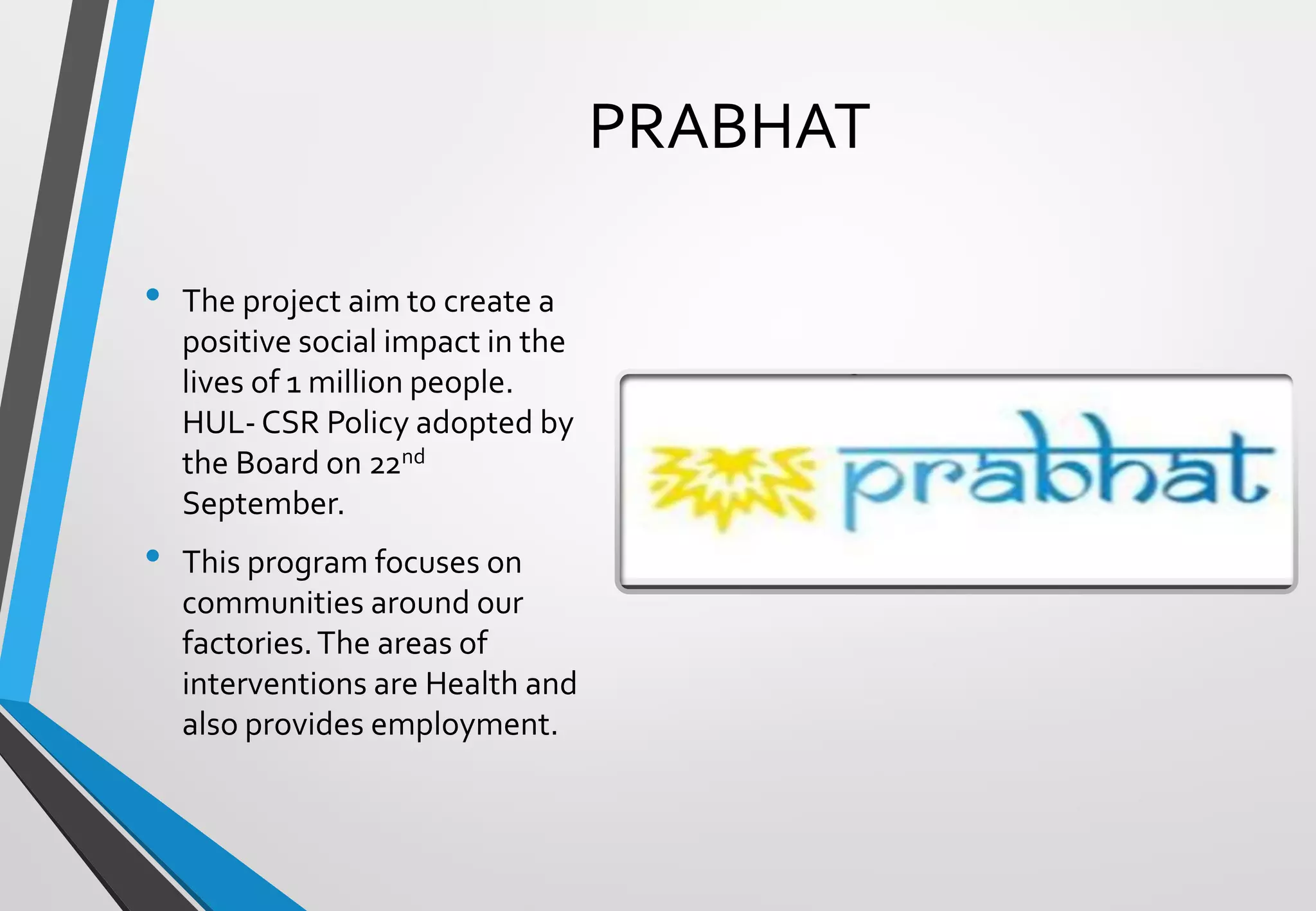 PRABHAT
• The project aim to create a
positive social impact in the
lives of 1 million people.
HUL- CSR Policy adopted by
the Board on 22nd
September.
• This program focuses on
communities around our
factories.The areas of
interventions are Health and
also provides employment.
 