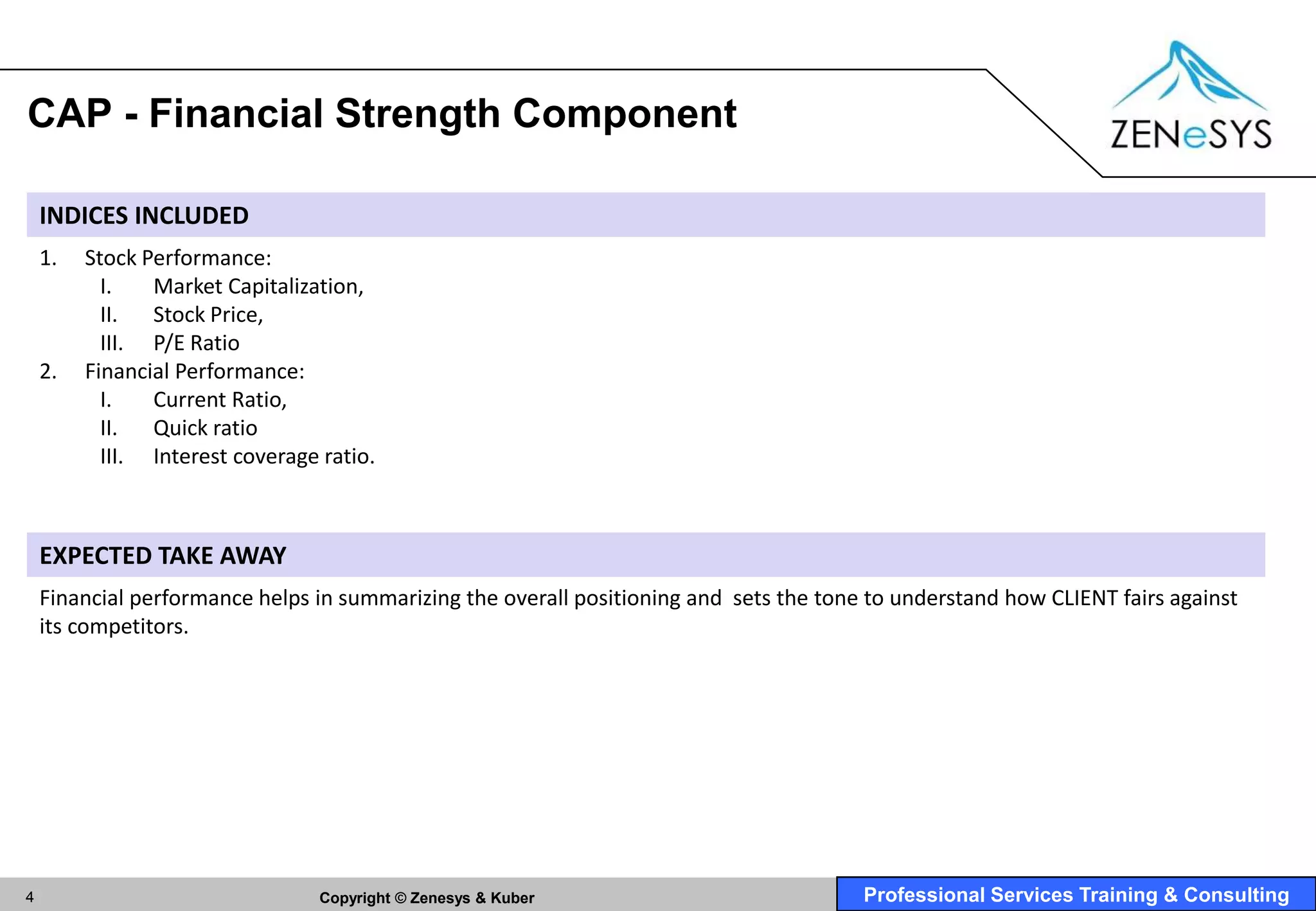 CAP - Financial Strength Component

    INDICES INCLUDED
    1.   Stock Performance:
           I.   Market Capitalization,
           II.  Stock Price,
           III. P/E Ratio
    2.   Financial Performance:
           I.   Current Ratio,
           II.  Quick ratio
           III. Interest coverage ratio.



    EXPECTED TAKE AWAY
    Financial performance helps in summarizing the overall positioning and sets the tone to understand how CLIENT fairs against
    its competitors.




4                                 Copyright © Zenesys & Kuber                           Professional Services Training & Consulting
 