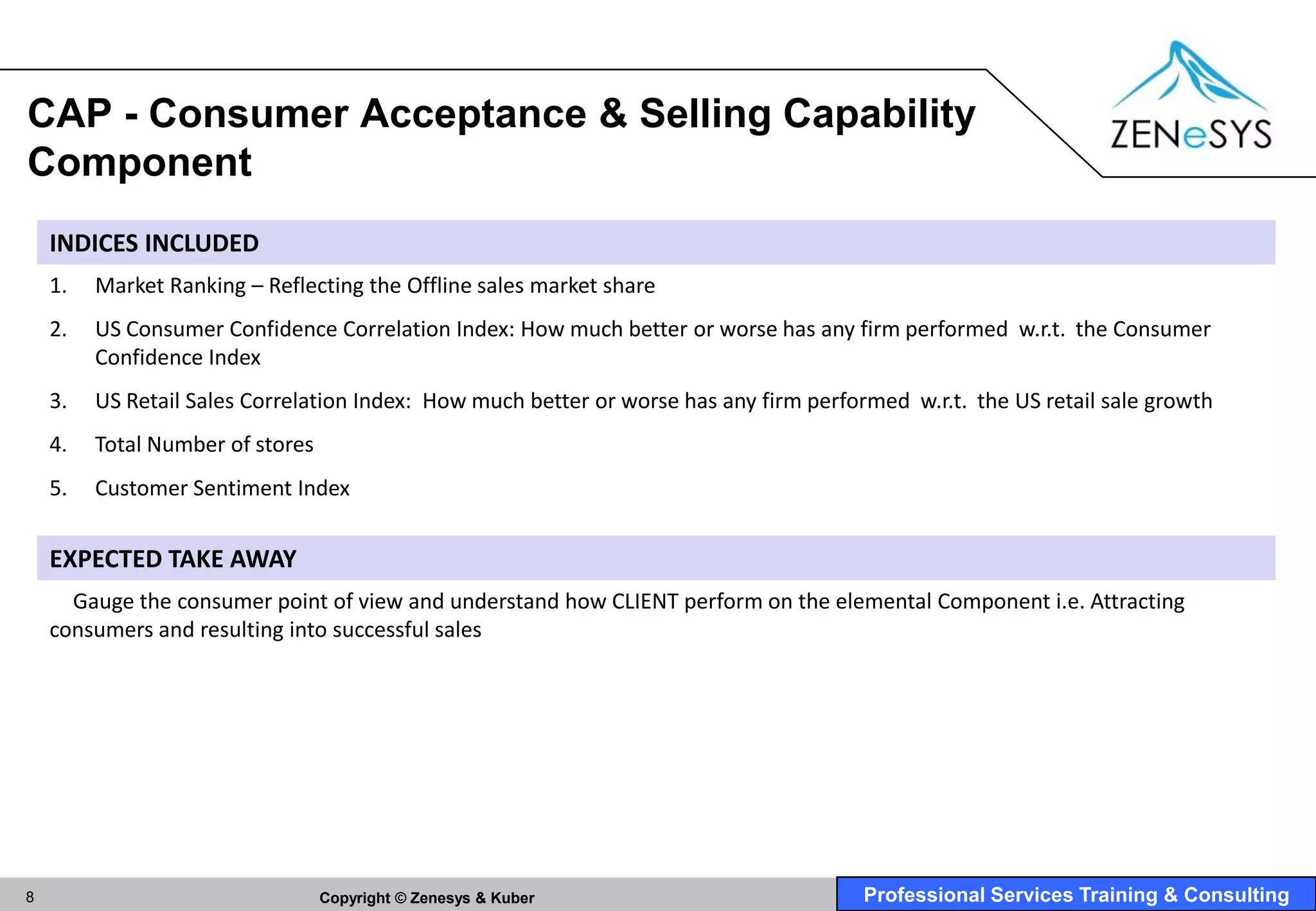 CAP - Consumer Acceptance & Selling Capability
Component
    INDICES INCLUDED
    1.   Market Ranking – Reflecting the Offline sales market share
    2.   US Consumer Confidence Correlation Index: How much better or worse has any firm performed w.r.t. the Consumer
         Confidence Index
    3.   US Retail Sales Correlation Index: How much better or worse has any firm performed w.r.t. the US retail sale growth
    4.   Total Number of stores
    5.   Customer Sentiment Index


    EXPECTED TAKE AWAY
      Gauge the consumer point of view and understand how CLIENT perform on the elemental Component i.e. Attracting
    consumers and resulting into successful sales




8                                 Copyright © Zenesys & Kuber                           Professional Services Training & Consulting
 