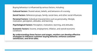Buying behaviour is influenced by various factors, including:
Cultural Factors: Shared values, beliefs, and behaviors of a society
Social Factors: Reference groups, family, social class, and other social influences
Personal Factors: Individual characteristics such as personality, lifestyle,
motivation, perception, attitudes, and learning
Psychological Factors: Perception, motivation, learning, and attitudes
Economic Factors: Income, employment, inflation, and overall economic
conditions
By understanding these factors and stages, retailers can develop effective
strategies to influence customer buying behavior, enhance customer
satisfaction, and drive sales.
 