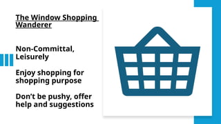 The Window Shopping
Wanderer
Non-Committal,
Leisurely
Enjoy shopping for
shopping purpose
Don’t be pushy, offer
help and suggestions
 