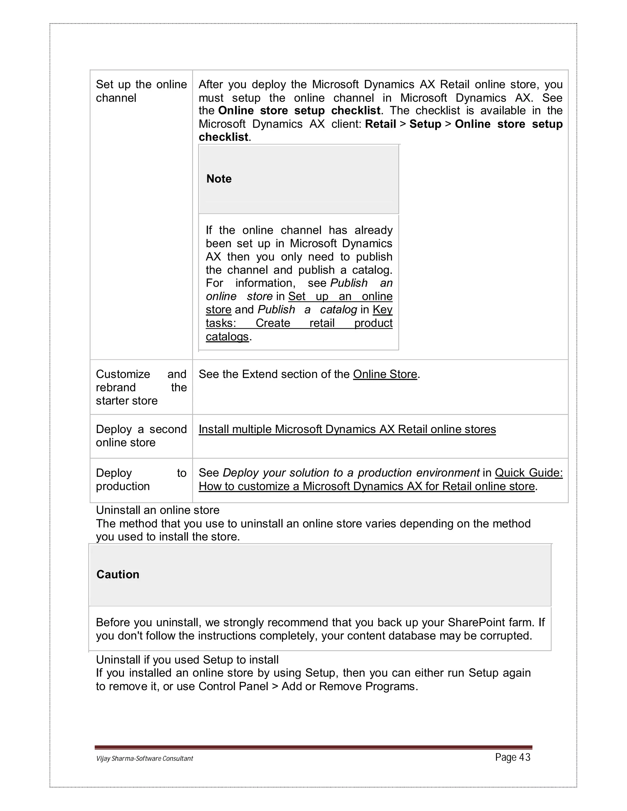 Vijay Sharma-Software Consultant Page 43
Set up the online
channel
After you deploy the Microsoft Dynamics AX Retail online store, you
must setup the online channel in Microsoft Dynamics AX. See
the Online store setup checklist. The checklist is available in the
Microsoft Dynamics AX client: Retail > Setup > Online store setup
checklist.
Note
If the online channel has already
been set up in Microsoft Dynamics
AX then you only need to publish
the channel and publish a catalog.
For information, see Publish an
online store in Set up an online
store and Publish a catalog in Key
tasks: Create retail product
catalogs.
Customize and
rebrand the
starter store
See the Extend section of the Online Store.
Deploy a second
online store
Install multiple Microsoft Dynamics AX Retail online stores
Deploy to
production
See Deploy your solution to a production environment in Quick Guide:
How to customize a Microsoft Dynamics AX for Retail online store.
Uninstall an online store
The method that you use to uninstall an online store varies depending on the method
you used to install the store.
Caution
Before you uninstall, we strongly recommend that you back up your SharePoint farm. If
you don't follow the instructions completely, your content database may be corrupted.
Uninstall if you used Setup to install
If you installed an online store by using Setup, then you can either run Setup again
to remove it, or use Control Panel > Add or Remove Programs.
 