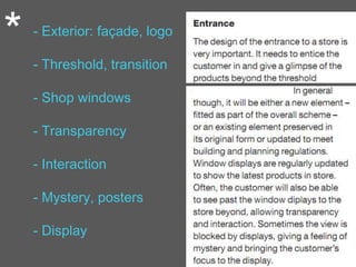 * - Exterior: façade, logo
- Threshold, transition
- Shop windows
- Transparency
- Interaction
- Mystery, posters
- Display
 